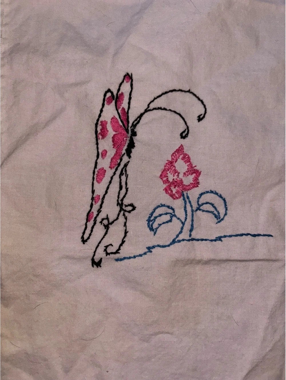 Vintage Hand Embroidered Butterfly Floral Tea Towel D83